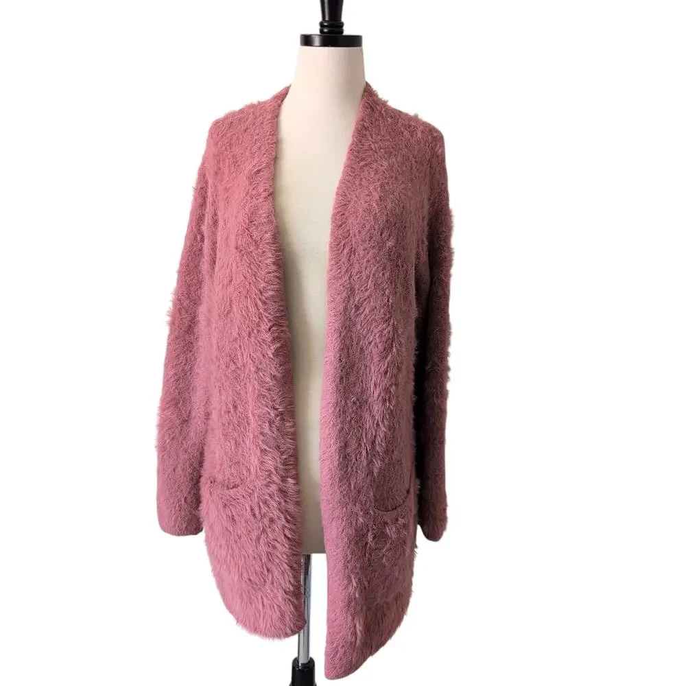 Free People Dusty Pink Rose Fluffy Open Cardigan Longline Sweater M Cozy Soft‎